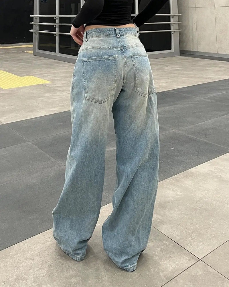 2026 Vintage New Fashion High Waist Blue Washed Imitation Old Jeans Ladies Y K Haruku Baggy Straight Casual Wide Leg Pants
