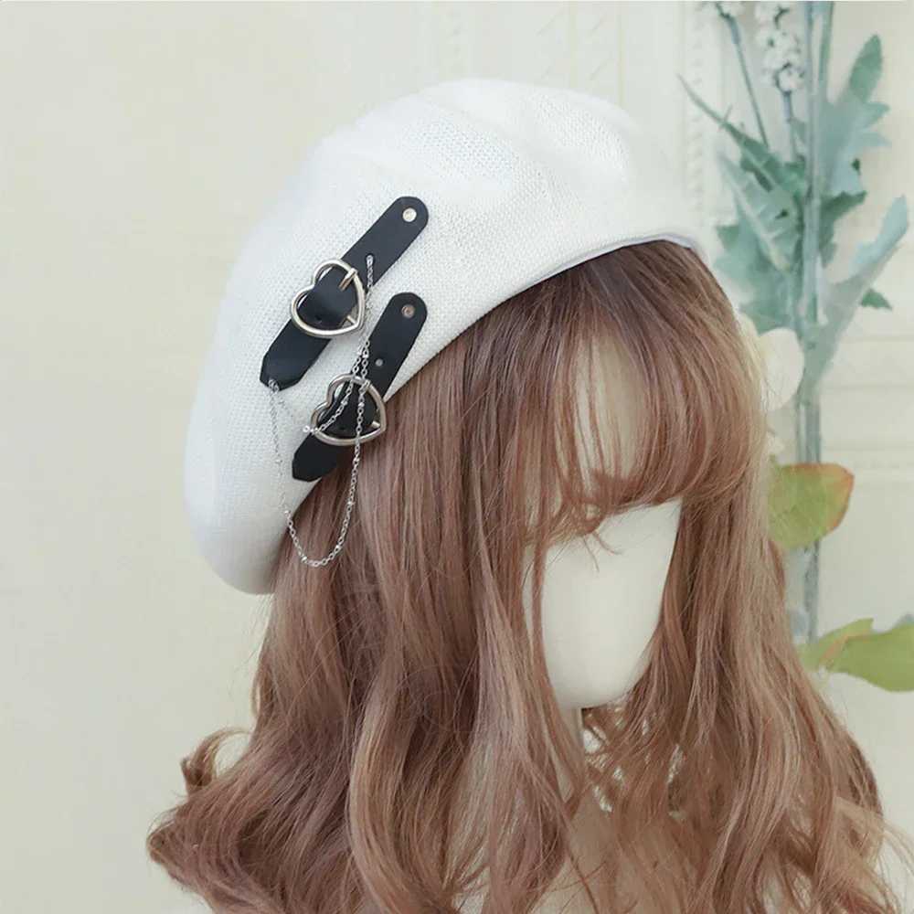 JAPanese Beret Harajuku Y2 Fashion Lolita Hat JK Hat Girl Beret Cute PU Chain Heart Wool KAWaii Women Hat AccESSoriesX240919