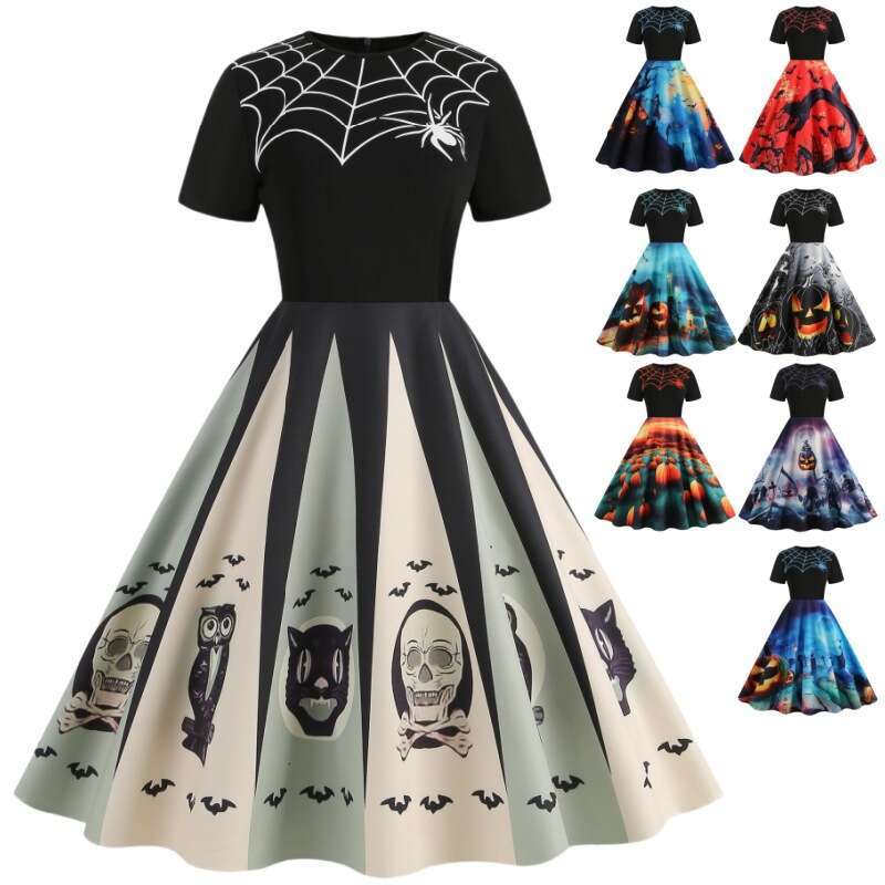 Hallowmas Halloween style new spliced round neck party print slim fitting and slimming dress with a large display