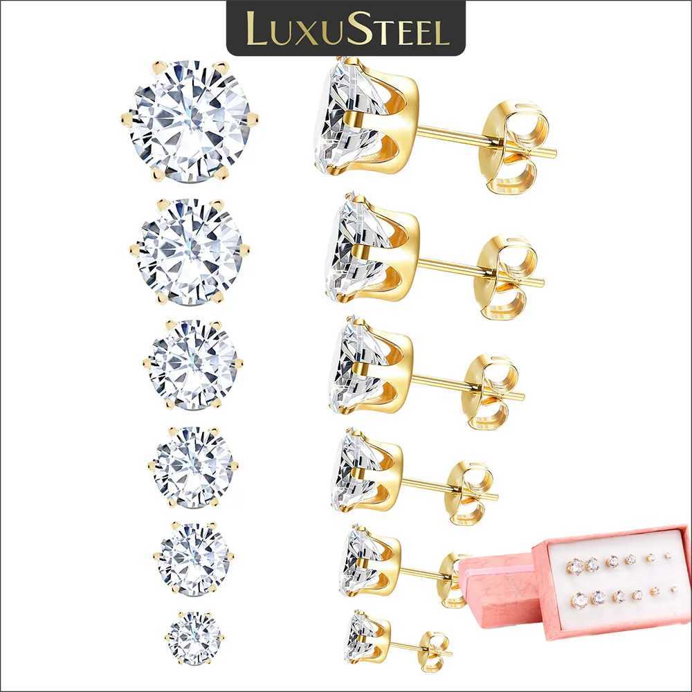 LUXUSTEEL 6 Pair/Set CZ Stud Earrings Stainless Steel Round White Cubic Zirconia Low Allergy 6-Claw Earrings Fashion Jewelry W240919