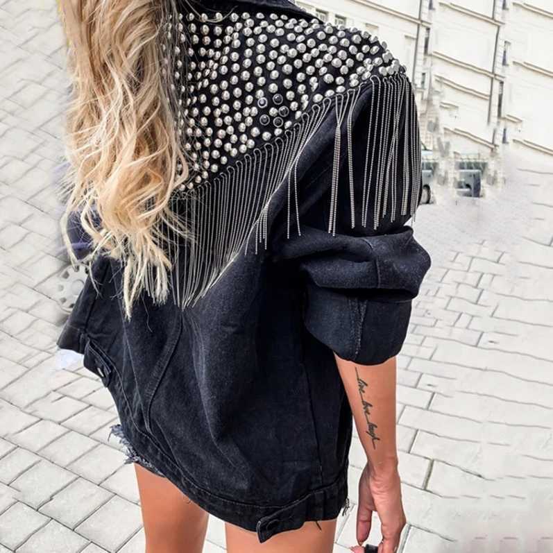 TEELYNN Boho Black Denim jacket For Women Coats Long Sleeve Autumn Loose fringe Jean Jackets 2021 Beaded rivets Casual OutwearX240920