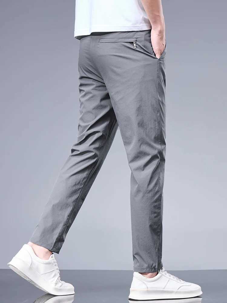 Summer New Business Ice Silk Pants Straight Elastic Waist Black Grey Trouser Breathable Simple Mens Clothing Casual Set Pants W240919