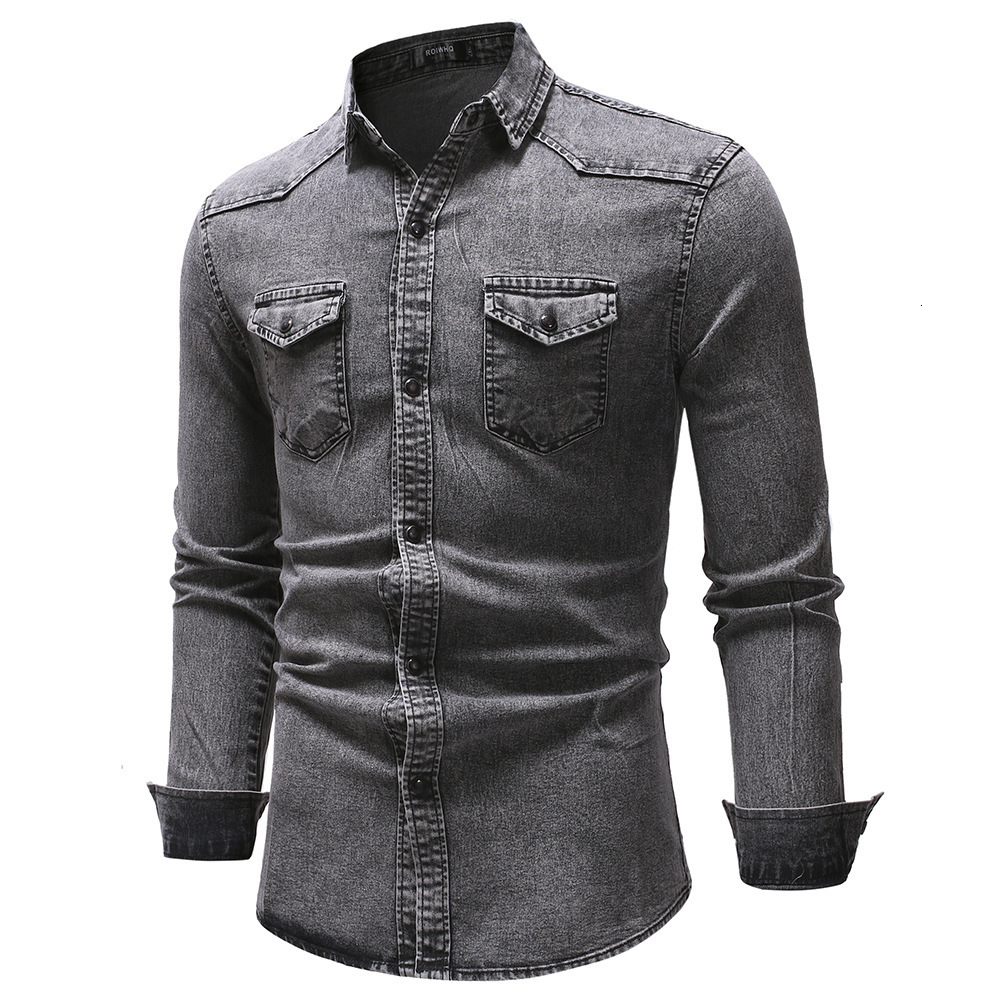 New men's slim fit casual European size minimalist long sleeved denim shirt