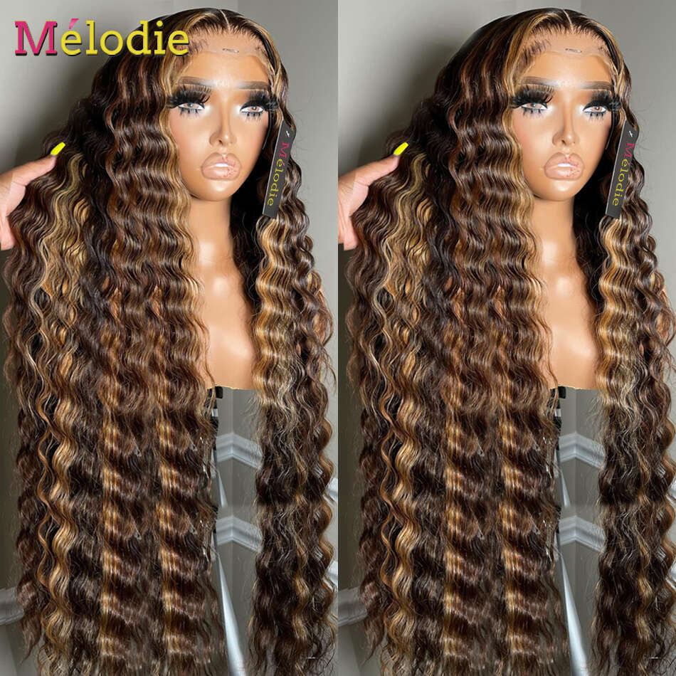 Melodie Brazilian 30 40 inch Highlight Ombre 13X4 13X6 Curly HD Front Human Hair Wig 4/27 Loose Deep Wave Lace Frontal Wigs
