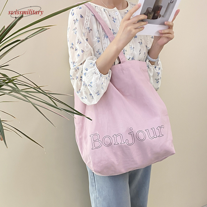 Korean Ins style letter canvas homemade simple color printed large capacity tote shoulder shopping bag #12 Swissmilitary