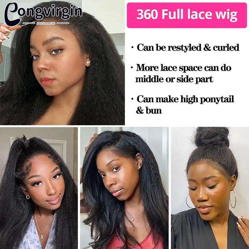 Kinky 360 Full HD Lace Frontal Wigs 250% Yaki Straight Human Hair Wig 30 38 Inches High Ponytail On Sale