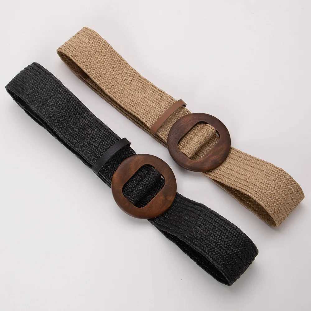 Wooden buckle jade buckle womens dress with casual womens woven broadband womens designer womens elastic PP grass strap W240920