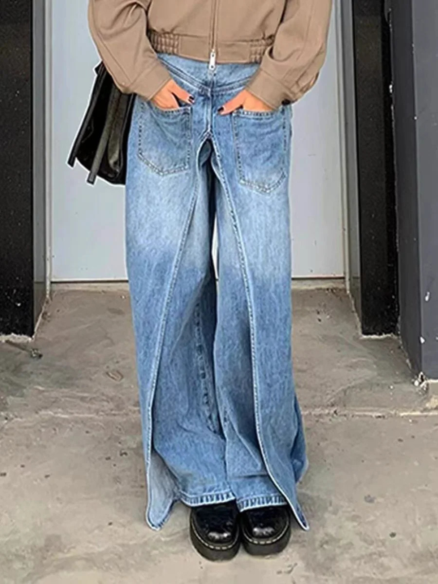 WCFCX STUDIO Chic n Baggy Jean High Waisted Wide Leg Pants Retro Streetwear Fashion Harajuku Straight Denim Trousers 240912