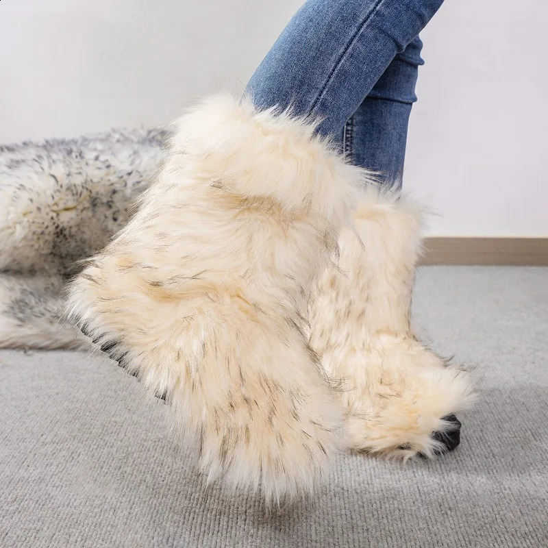 Womens Winter Snow Boots Outdoor Furry Faux Fox Fur Fashion Boots WomanPlush Warm Platform Shoes Bottes 240909