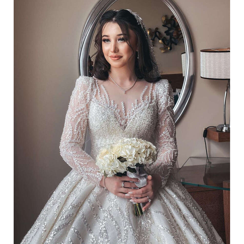 Glitter Sparking Wedding Dresses Sequined Sheer Neck Bridal Gowns Custom Made Jewel Pearls Royal Train Vestido De Novia