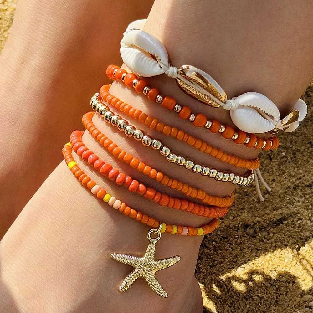 7pcs 16.54/2.76in Bohemian Beach Rice Beads Elastic Anklet Charm Alloy Anklet Set Stretch Holiday Starfish Multi-layer Anklet Y240920