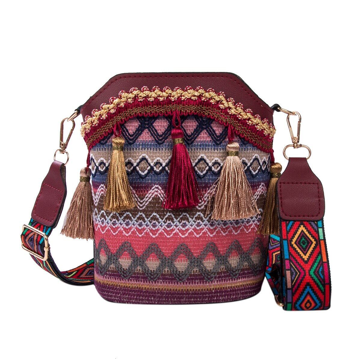 Vintage National Women's Tassel Ethnic Handwoven Crossbody Bag Hippie Sg Shoulder Bags For Ladies Small Handbag 4 Colors