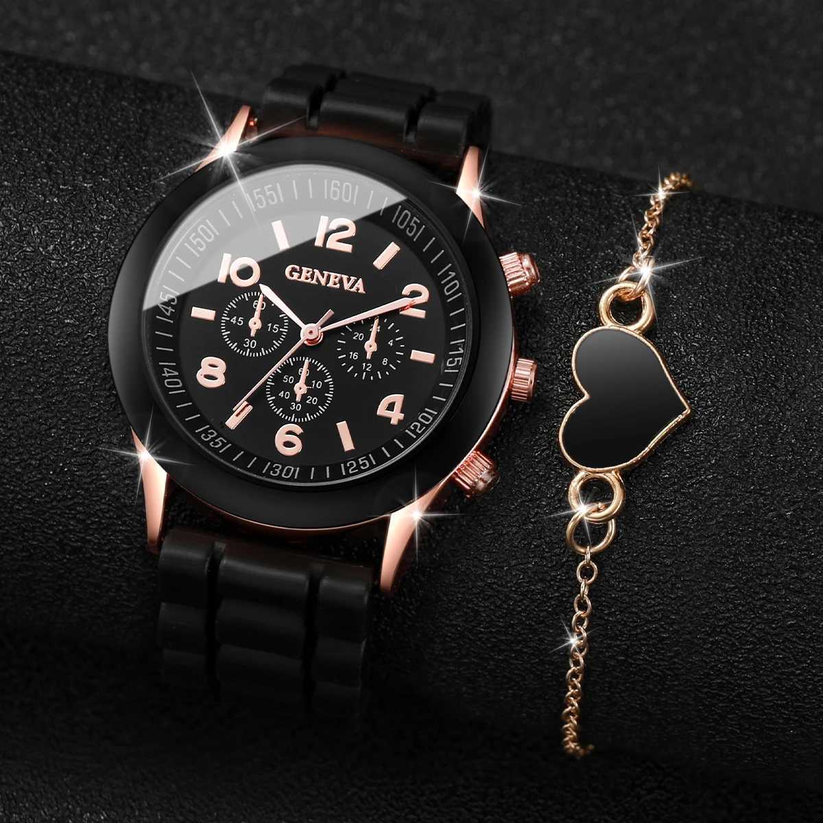 2pcs/set Women Fashion Silicone Band Quartz Watch with Heart-shaped BraceletX240920