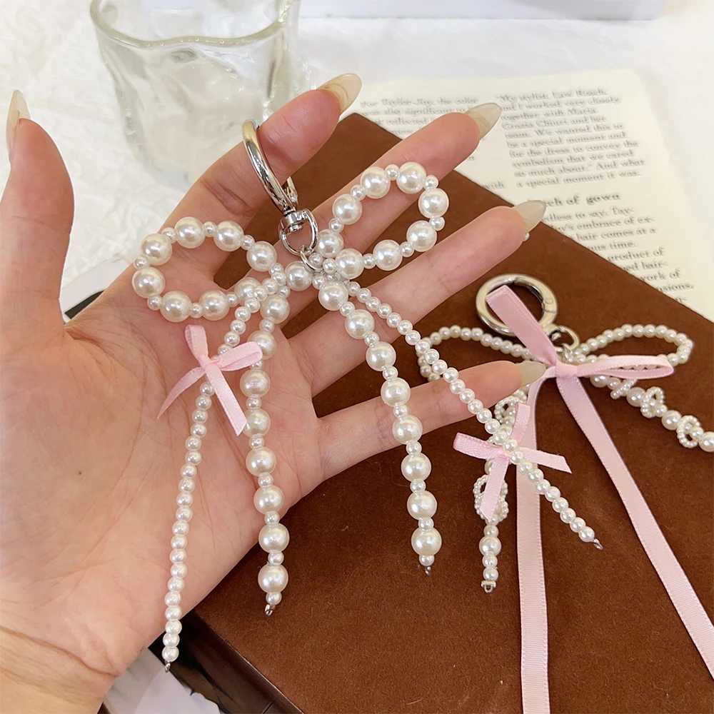 2PCS New Korean Sweet Pearl Bow Keychain Heart Pendant Keychain Y2K Pink Aesthetic Keyholder Girl Bag Pendant AccessoriesXJ250319