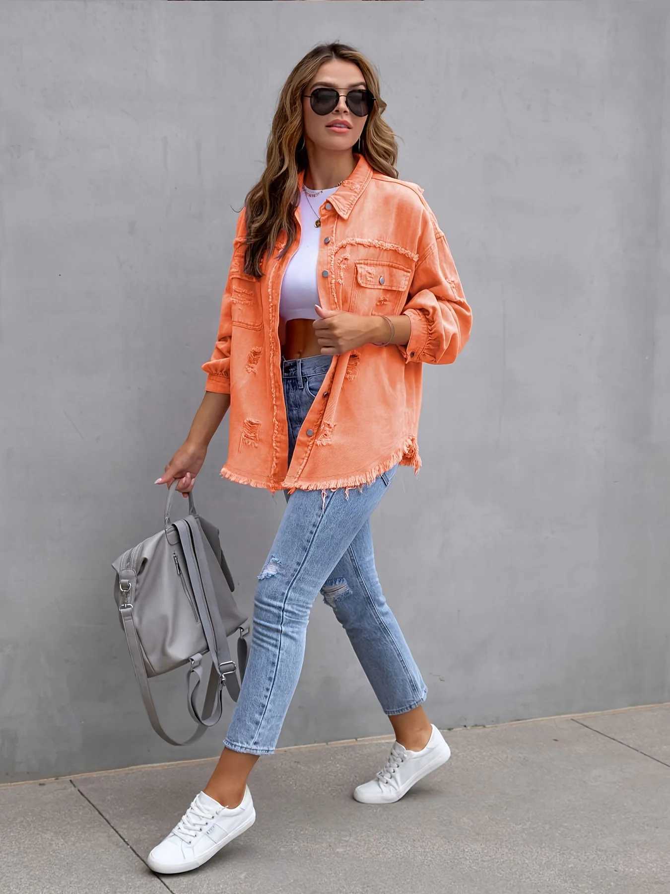 Women Denim Coat Turn Down Collar Long Sleeve Holes Jackets Single Breasted Button Cardigan Outerwear Pockets Solid SpringX240920