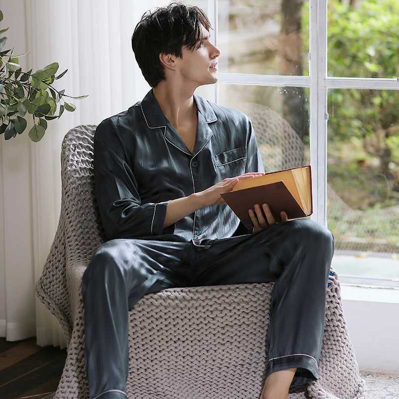Mens Spring Autumn Summer 100% Silk Pajamas Thin casual and simple to wear out Home Summer Pajama Set Y240919
