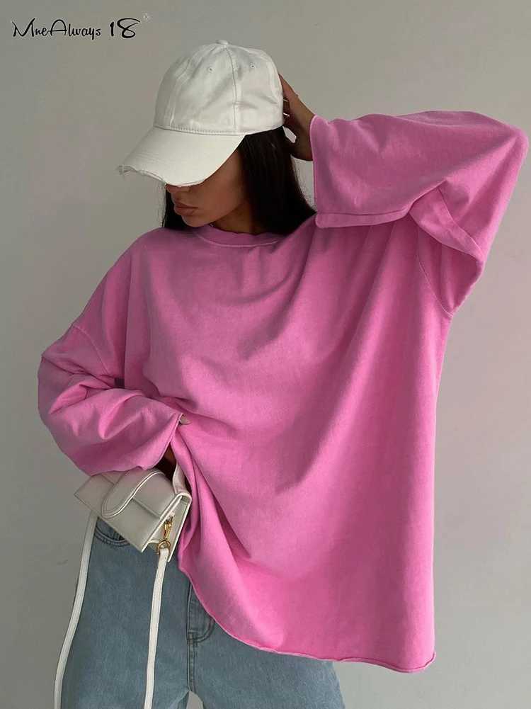 Mnealways18 Pink Oversize Tee Shirts Streetwear Round Neck Long Sleeve Casual Pullover Tops Women Autumn Thin T-Shirts Lady M240920