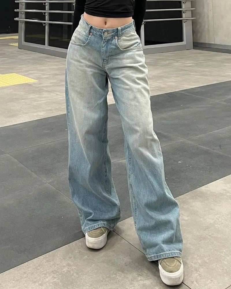 2026 Vintage New Fashion High Waist Blue Washed Imitation Old Jeans Ladies Y K Haruku Baggy Straight Casual Wide Leg Pants