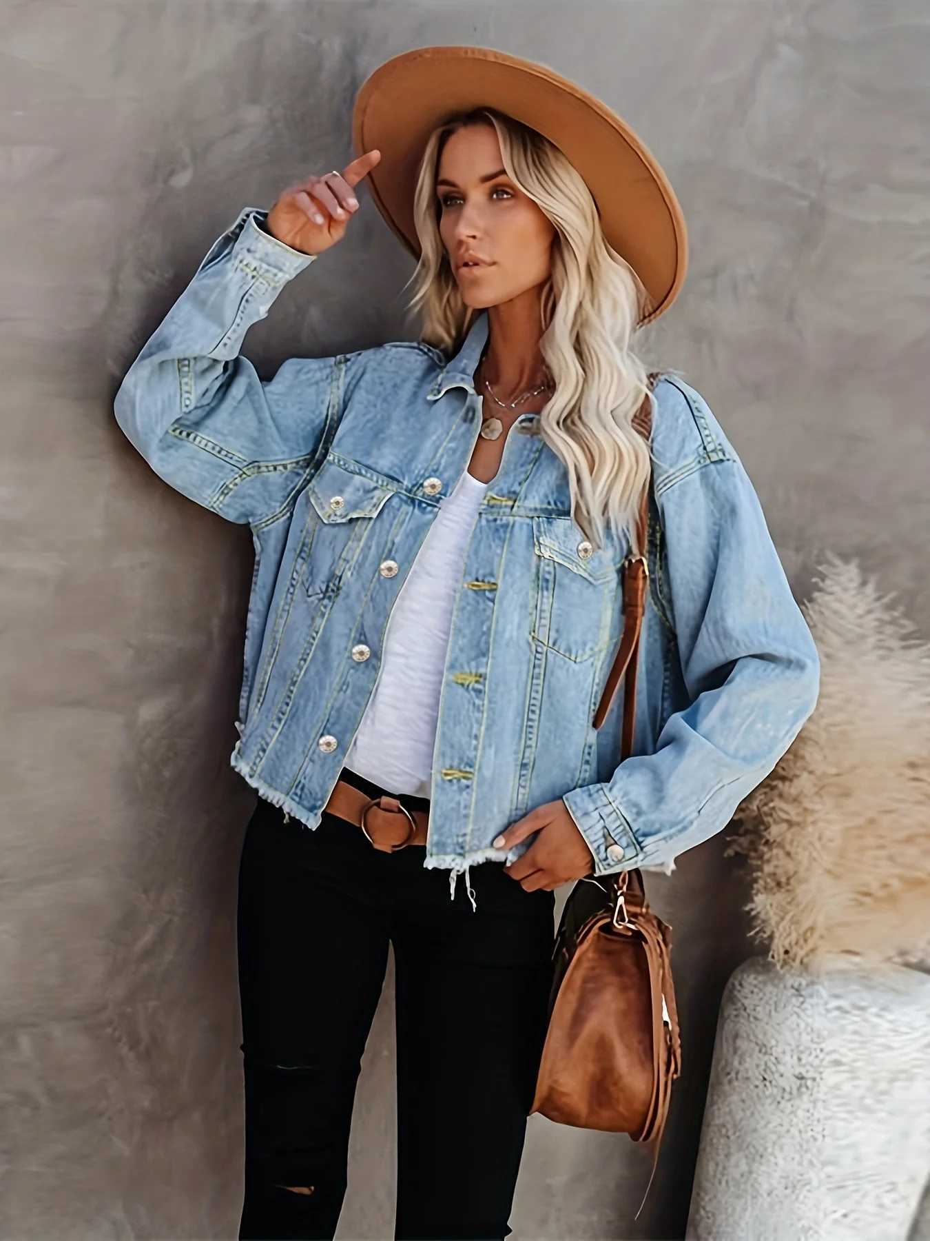 Raw Hem Crotch Length Denim Jacket Light Blue Flap Pockets Long Sleeve Denim Coats Womens Denim ClothingX240920