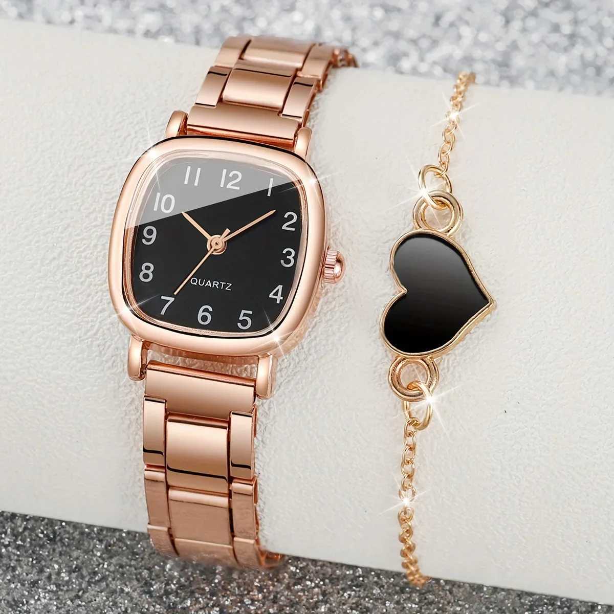 2pcs/set Womens Minimalist Square Quartz Watch Analog Steel Band Wrist Watch Heart Bracelet Valentines Day Gift For HerX240920