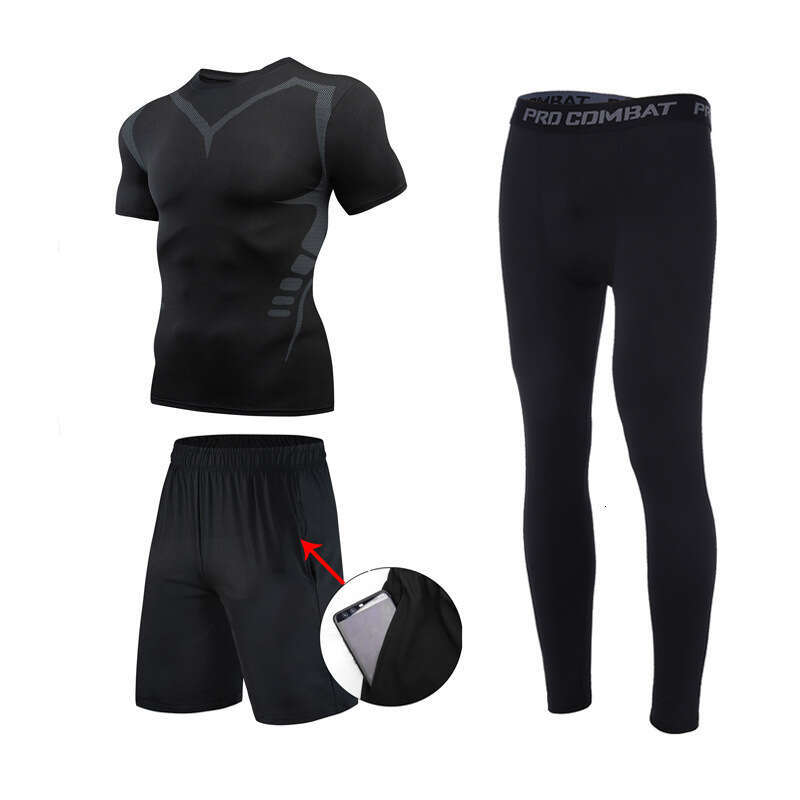 Quick Drying Sports Suit Men's Summer Short Sleeved T-Shirt Fitness Suit Running Equipment Tight Fitting Suit Training Three Piece Set Basketball