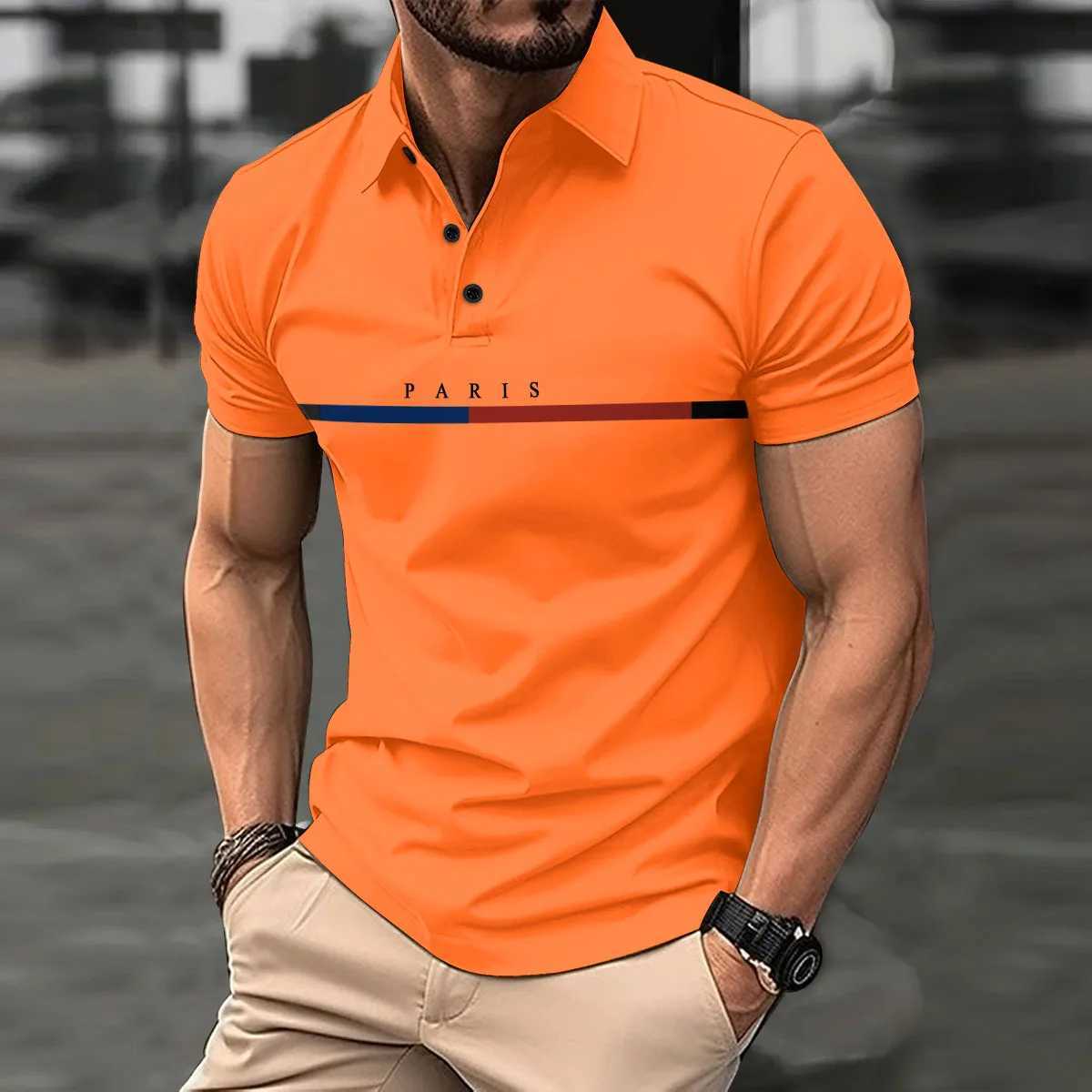Fashionable mens new summer short-sleeved printed striped French color button lapel POLO shirt sports casual slim shirtX240920
