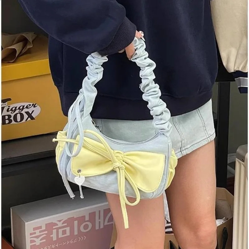Xiuya Fashion pleated womens shoulder bag denim sweet bow cute casual handbag literature Korean ner handheld 240919