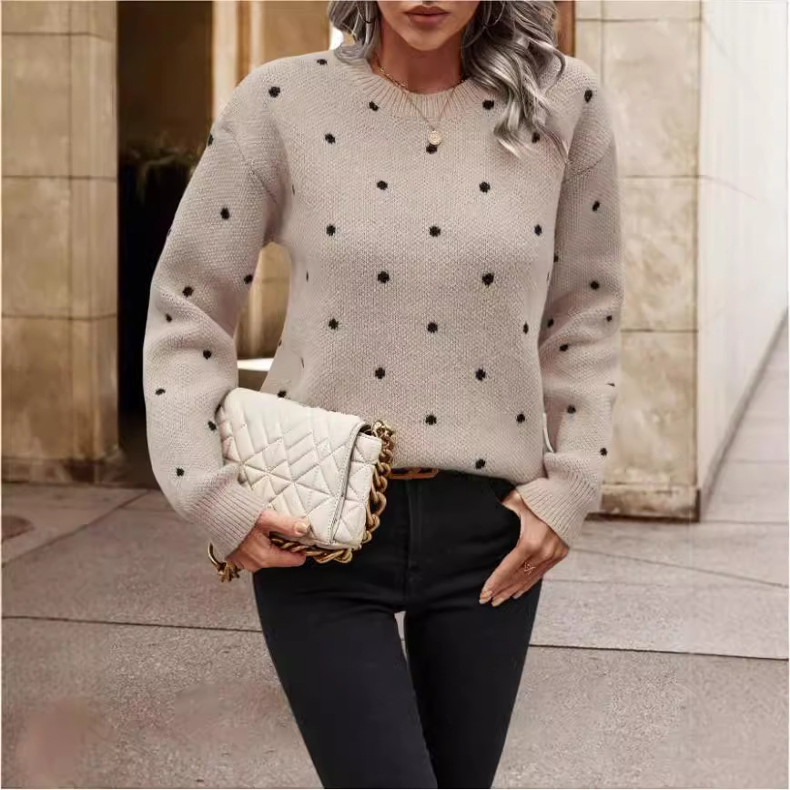 dongdumaoyi Women's sweaters, fashionable round neck long sleeved pullover sweaters, women's polka dot jacquard knitted sweaters F0920#38