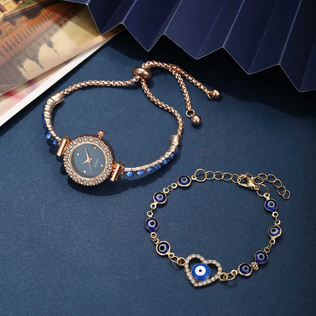 2PC Set Korean Womens Full Diamond Elegant Versatile Wrist Watch Quartz WatchX240920