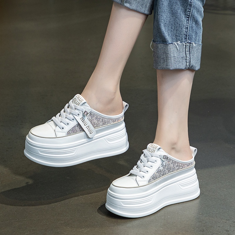 Heightened Baotou Half Slippers for Women Wearing Size 34 High Heels, 2024 Summer New Thick Sole, Small stature, 8cm Mesh Sier K