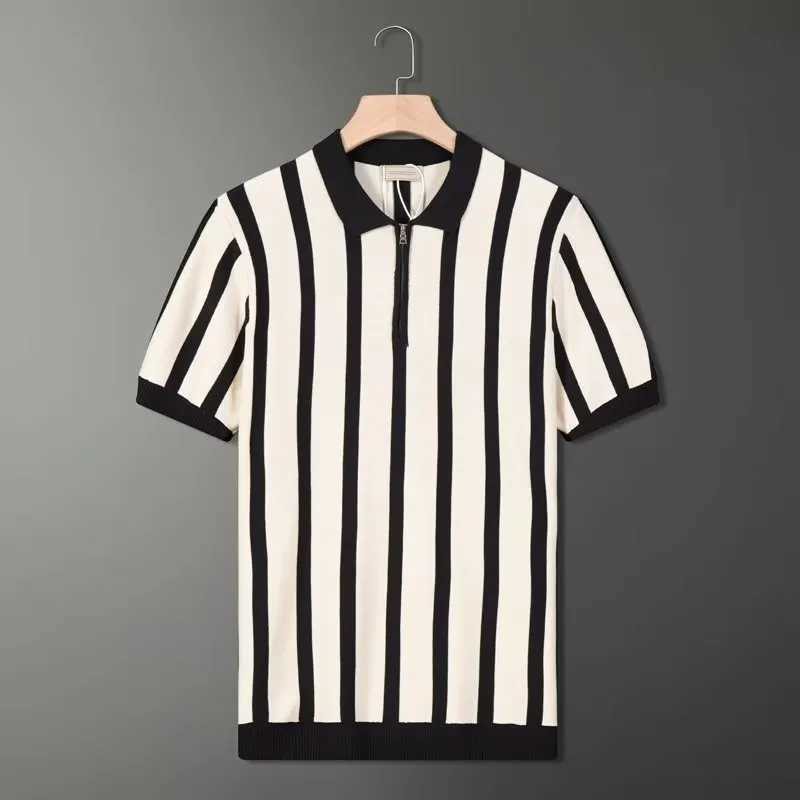 Mens Light Luxury Patchwork Knitted Polo Shirt Leisure Turn Down Collar Zippers Short Sleeve T-Shirt Breathable KnitwearX240920
