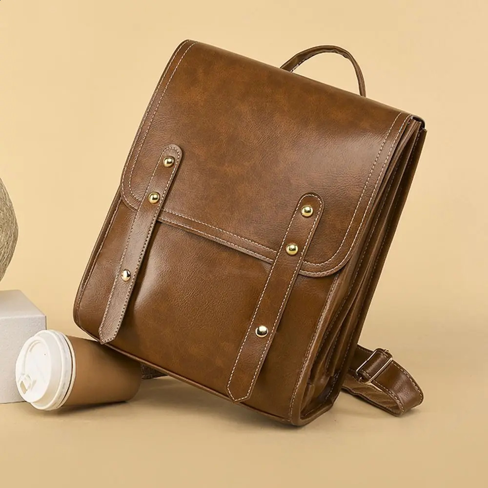 Pure leather backpack retro womens notebook bag brown synthetic leather backpack wallet weekend travel bag 240918