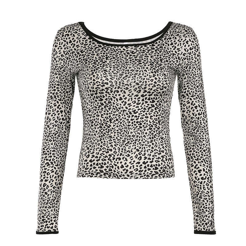 Hallowmas Street spicy girl style leopard print contrasting long sleeved T-shirt with round neck slim fit and basic versatile top trend