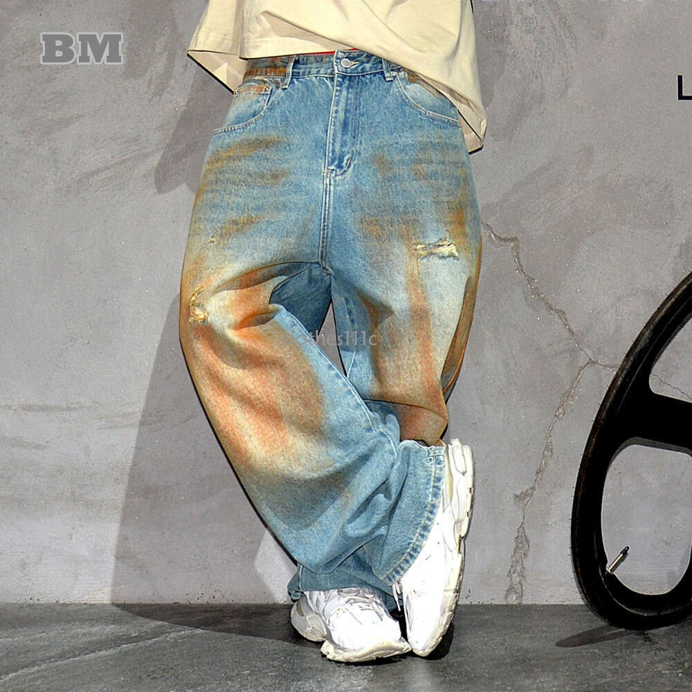Korean Popular Clothes Hip Hop Baggy Jeans Men's Clothing Kpop Distressed Ripped Denim Cargo Pants Streetwear Trousers Male