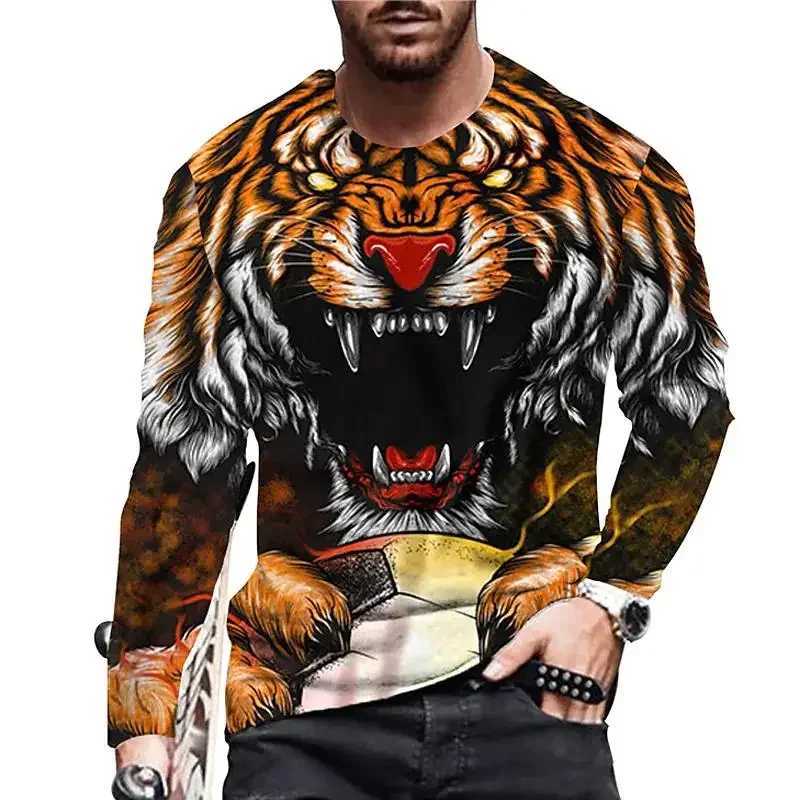 Vintage Print T-shirt 3d Tiger lion Shirt Animal Long Sleeve Loose O- Neck Summer Animal Tops Oversized 5xl Mens ClothesX240919