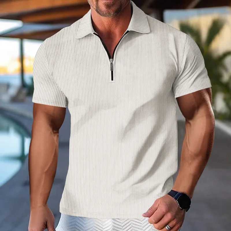 Mens Fashion Polo Shirts 2024 Summer Stripe Zipper Mens Polo Shirt Solid T-Shirt Brand Short-Sleeved Shirt Casual Slim TopsX240920