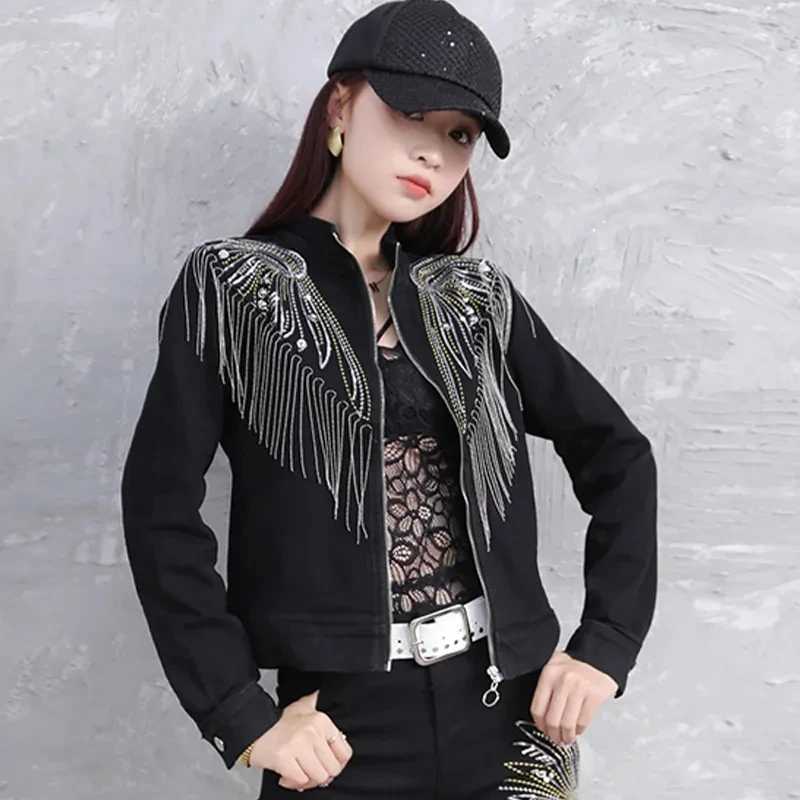 Fashion Black Denim Jacket Women Clothes 2023 Spring and Autumn New Jean Coat Female Tassel Sequin Slim Fitting Jackets TrendX240920