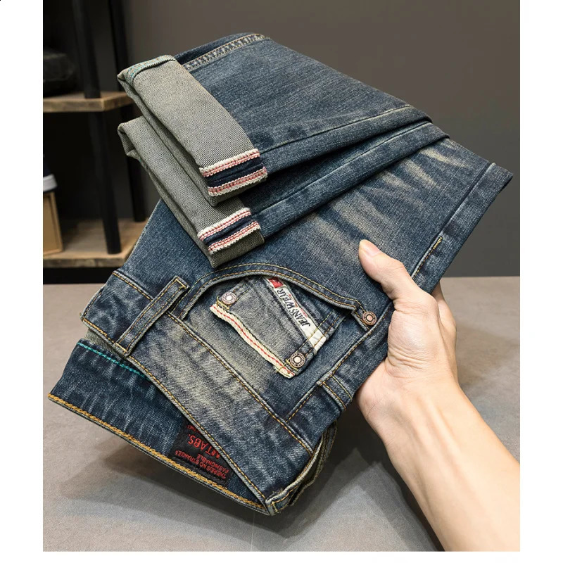 Retro Blue Mens Jeans Washed Full Match Street Smart Trouser Pencil Pants Casual Trend 240913