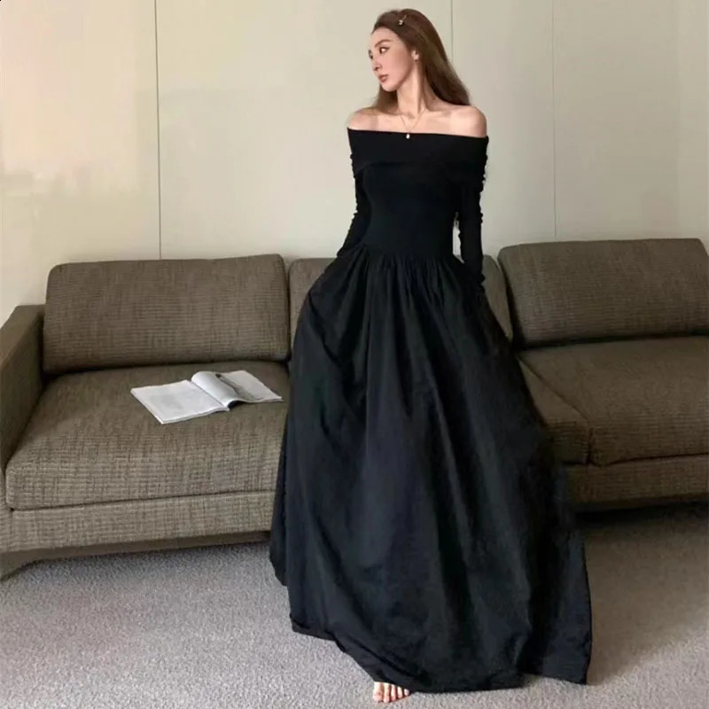 Black Elegant Slash Neck Women Y2K Spring Korean Sexy Off Shoulder Long Sleeve Dress Fashion All Match Party Vestidos 240920