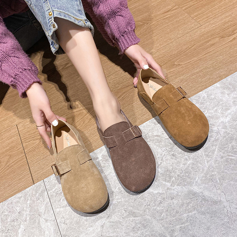 New cowhide Haken shoes for women in spring, casual round toe flat shoes, height increasing single shoes, lazy people, one foot shoes