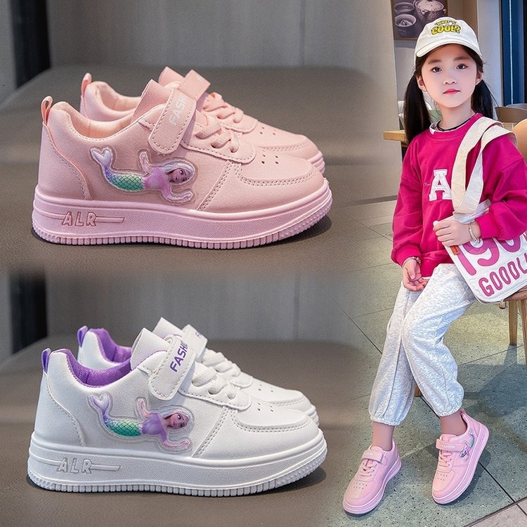 Children's girls' students' flat casual sports shoes, low top round toe white running board shoes