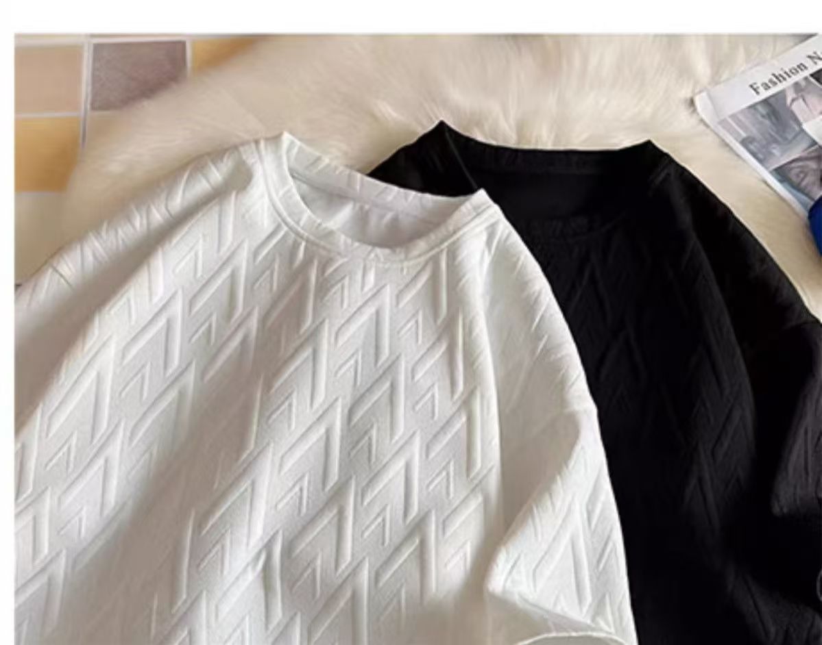 Advanced Jacquard T-shirt men's fashion brand summer plus size heavy short sleeve American high street five and a half sleeves.