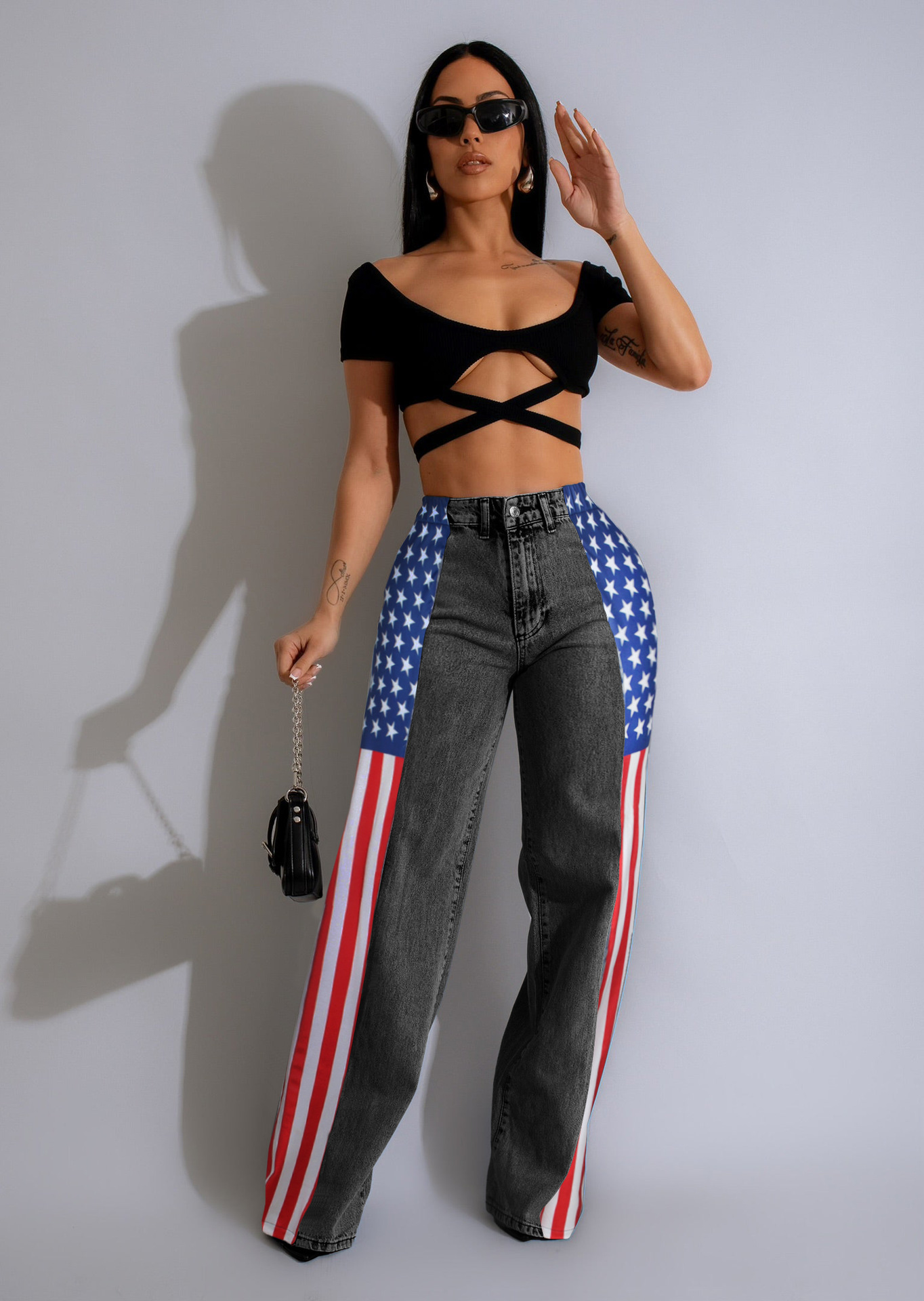 Womens Jeans Printed elastic wide leg denim pants for womens casual high waisted straight leg jeans