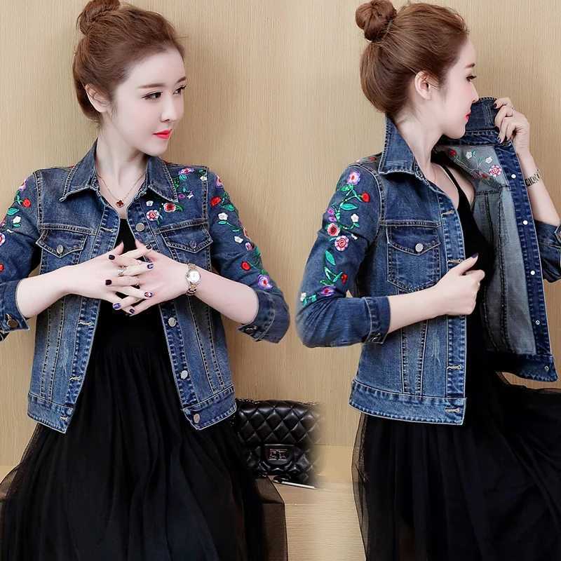 Embroidered Flower Denim Jacket 5XL Womens Short Coat 2023 Spring Autumn Vintage Slim Jeans Jacket Outwear Casual Female TopsX240920