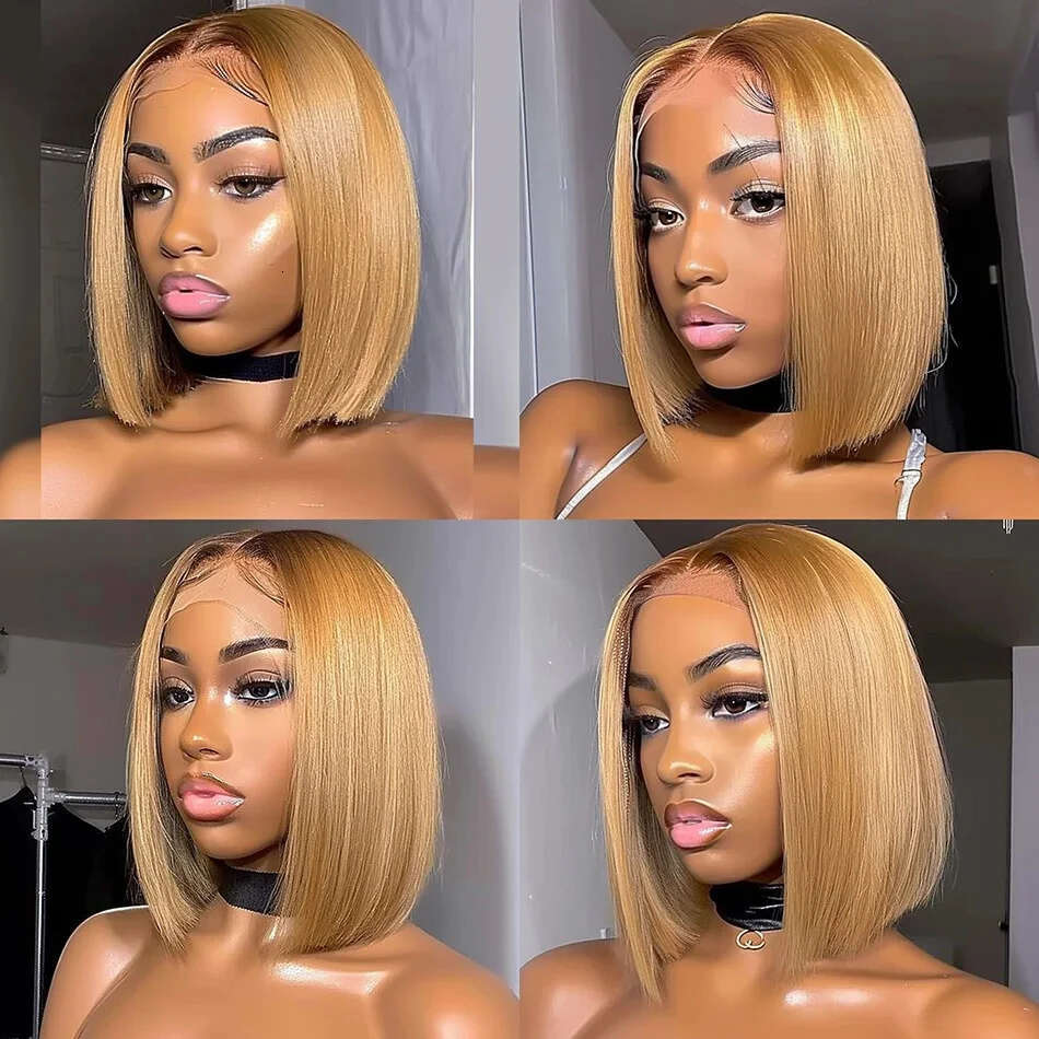 Transparent #27 Honey Blonde Frontal Bob Wig Brazilian Bone Straight 13X4 Lace Front Human Hair Wigs