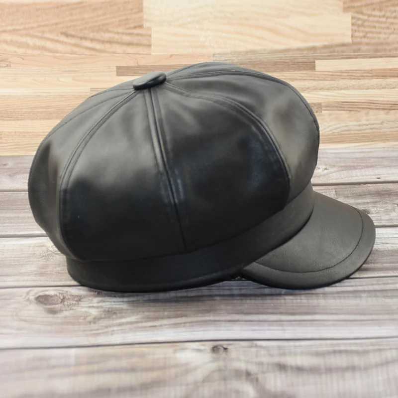 Women Fashion Leather Newsboy Caps Black PU Octagon Hat Man Big Size Beret 54cm 56cm 57.5cm 59cm 61-62cmX240919