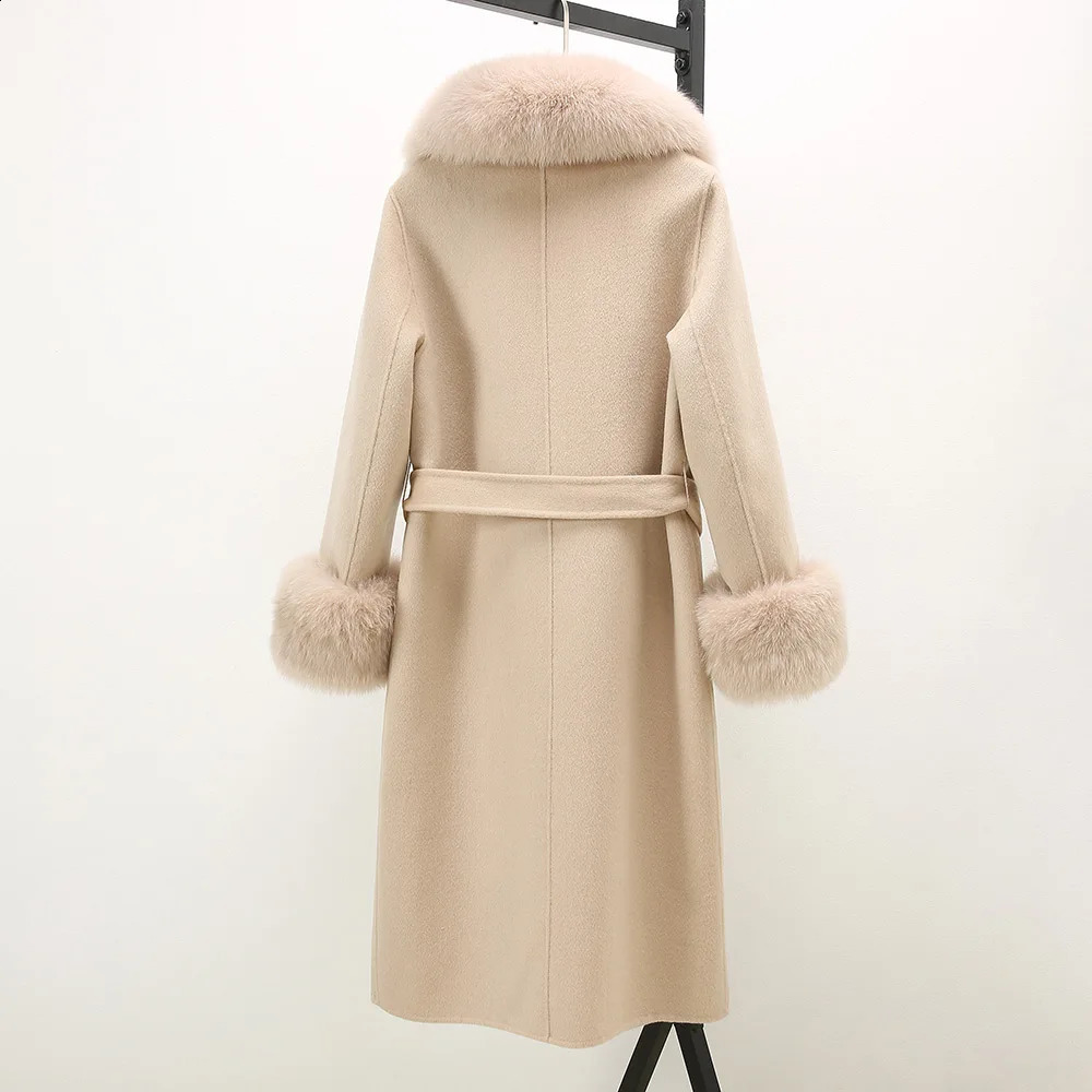 Arrival Lady Winter Wool Coats Fox Fur Collar Cuff Trench Coat Womens Long Outerwear QN3814 240911