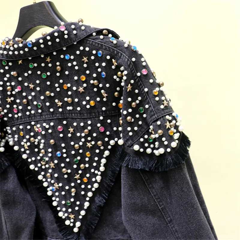 Fashion Multicolor Diamonds Beading Denim Jacket Women Spring Loose Short Black Blue Outerwear Big Pocket Jeans Jackets FemaleX240920