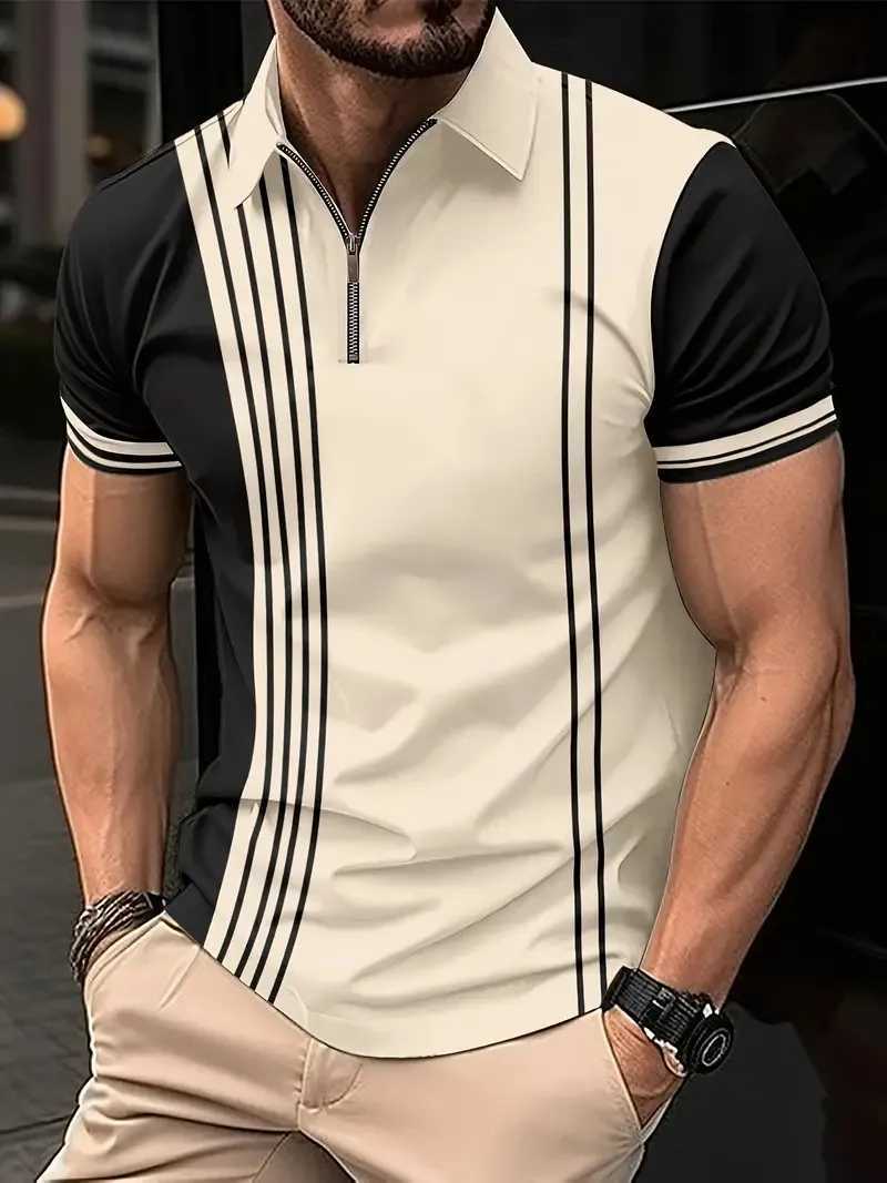 Mens Casual Fashion New Summer Slim Fit Short Sleeve 3D Printing Golf Polo Shirt Stripe Button Mens Short Sleeve Oversized TopX240920