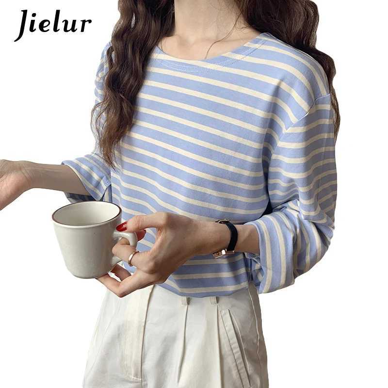 Jielur Korean Fashion Striped T-shirt Autumn Long Sleeve Womens Top Loose Casual Cotton T-shirt Female Blue Orange S-XL M240920